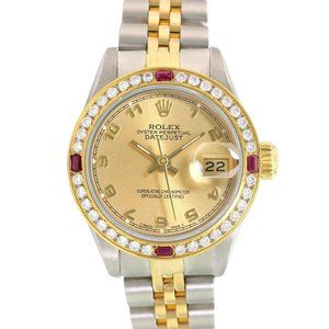 ROLEX DATEJUST CHAMPAGNE ARABIC DIAL DIAMOND-RUBY JUBILEE TWO-TONE WATCH 69173